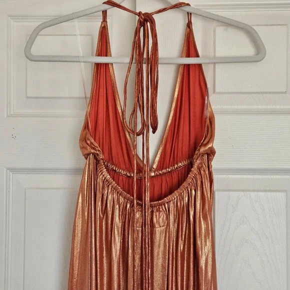 Sundress REVOLVE Metallic Copper Halter Maxi Dress Plunging V-Neck Slit Bronze S - Picture 6 of 8